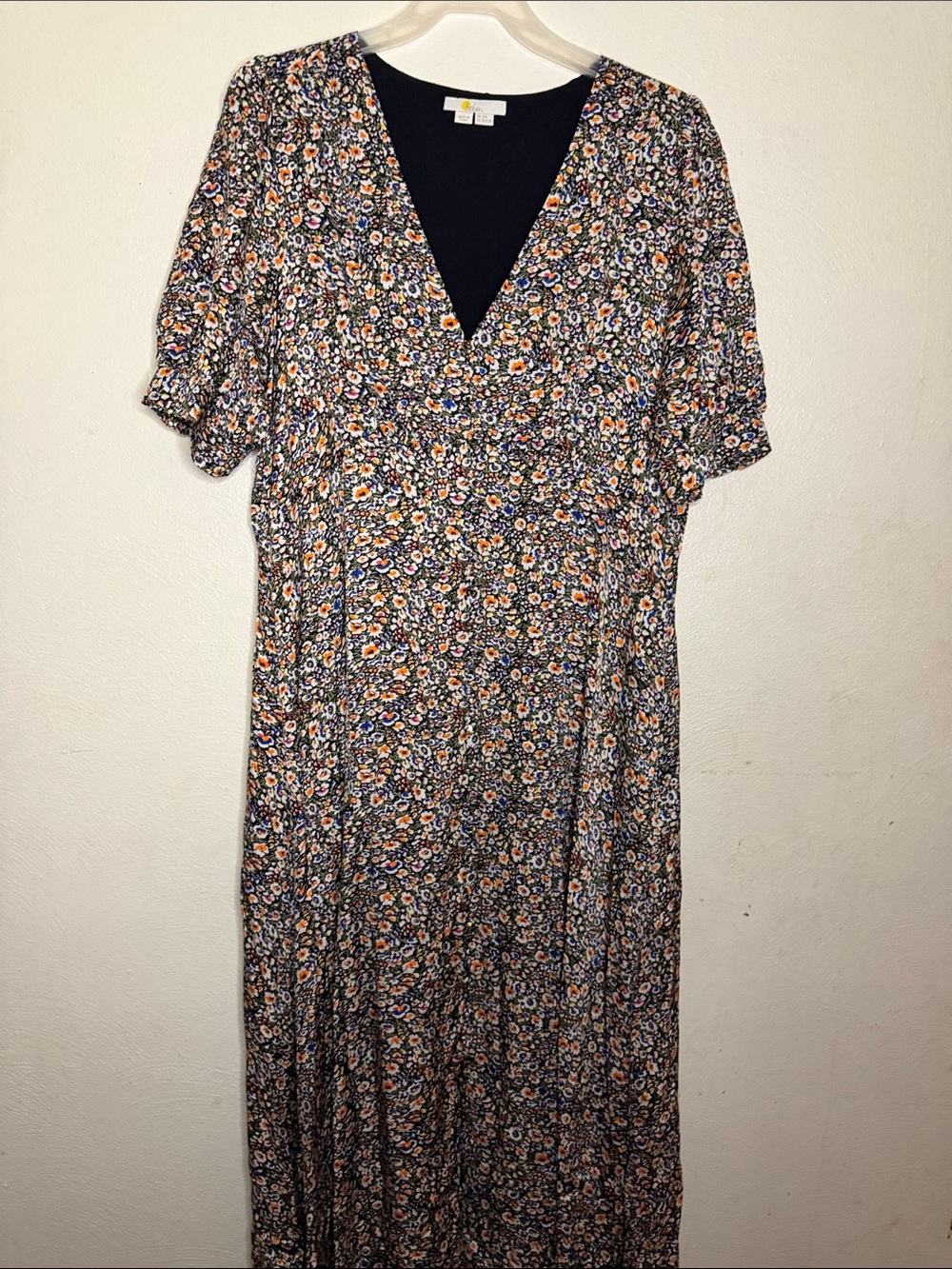 Boden Navy Floral Midi Dress with Pink and Orange Blooms
